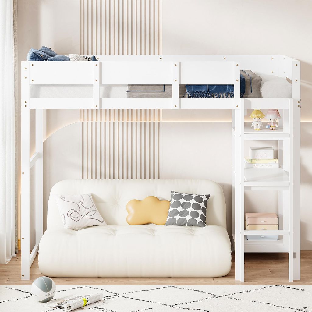 okwish Hochbett 90 x 200 cm mit Rausfallschutz und Ablage, Etagenbett Massivholzbett mit Lattenrost, Kinderbett Bettgestell, Weiß