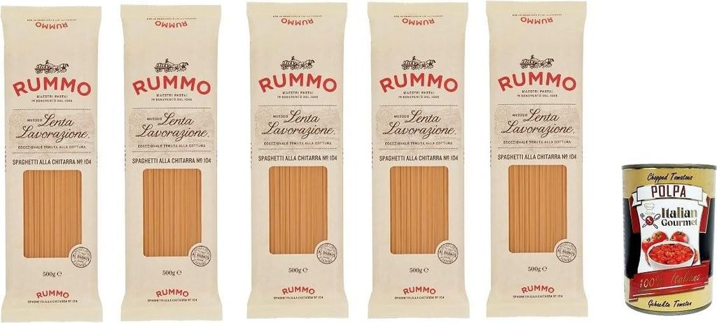 Rummo Spaghetti alla chitarra n° 104 Pasta Lenta Lavorazione Teigwaren aus Hartweizengrieß Bronze-Zeichnung 5x 500g + Italian Gourmet polpa 400g