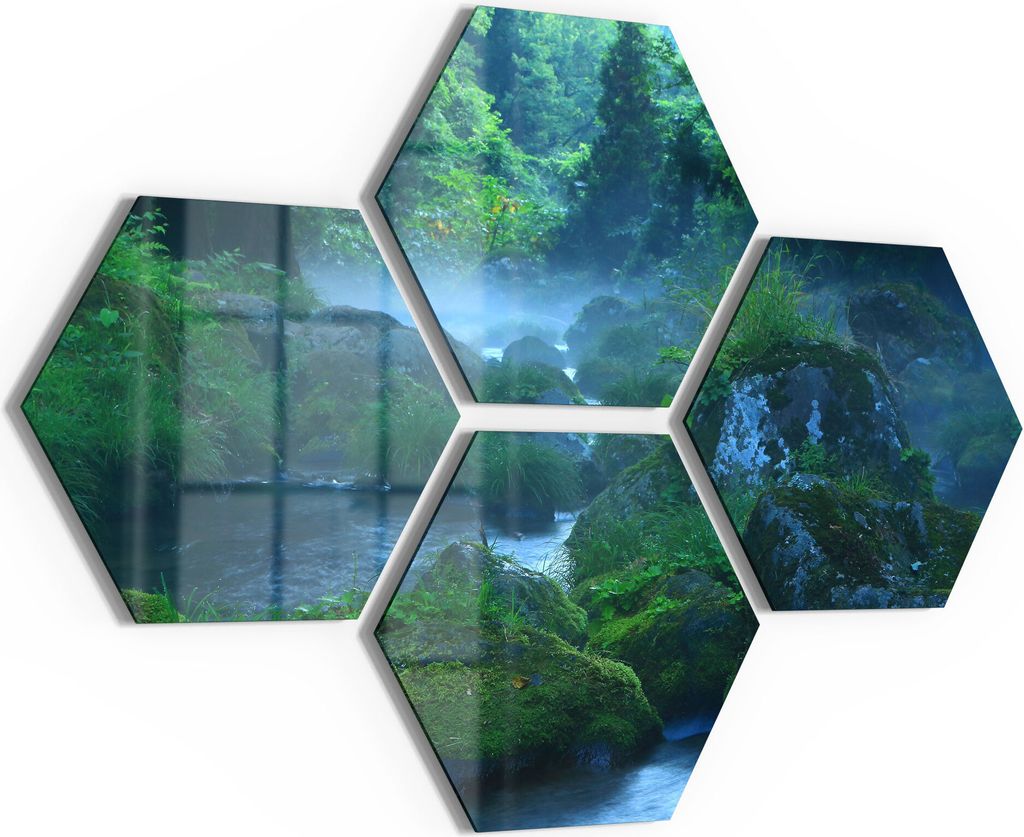 DEQORI Glasbilder 4-tlg 100x70 cm 'Wasserquelle im Wald' Wandbilder XXL groß