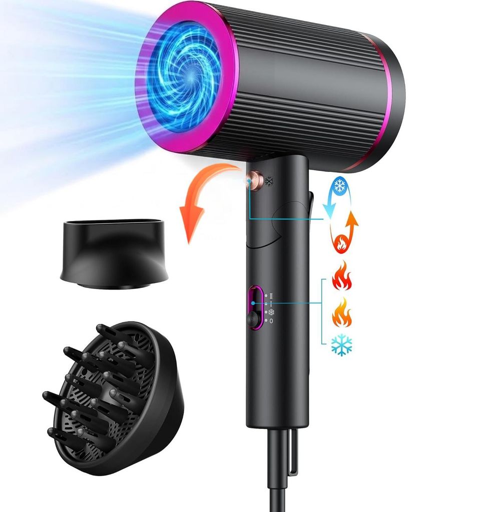 Föhn, Haartrockner 2400 W, Klappbar Haartrockner Ionen mit Diffusor, schnell trocknend, geräuscharm, warm/kaltem Knopf, 2 Geschwindigkeiten