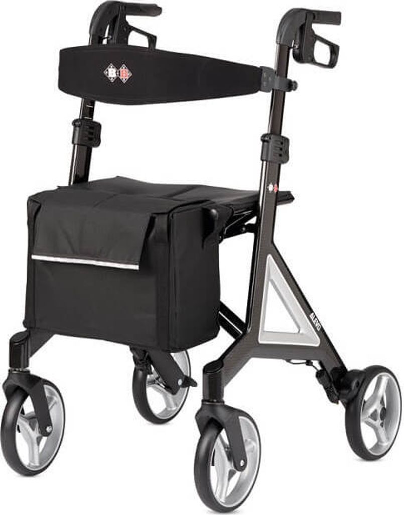 Bischoff & Bischoff Alevo Carbon Rollator, faltbar – Leichtgewicht-Rollator für drinnen und draußen, Gehwagen mit abnehmbarer Tasche, Silber