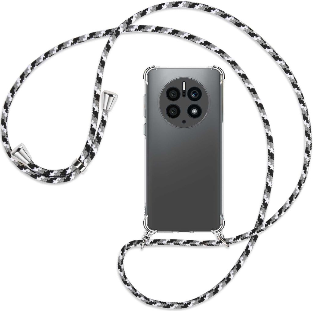 Handykette Backcover-Schutzhülle mit Band (Metall silberfarben) für Huawei Mate 50 Pro (DCO-AL00,LX9) - schwarz/grau/weiß
