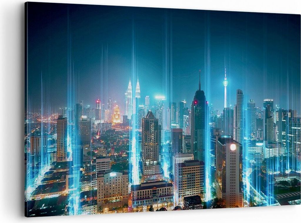 Bild auf Leinwand - Leinwandbild - Stadt Nacht Straße - 120x80cm - Wand Bild - Wanddeko - Leinwanddruck - Bilder - Kunstdruck - Wanddekoration - L...