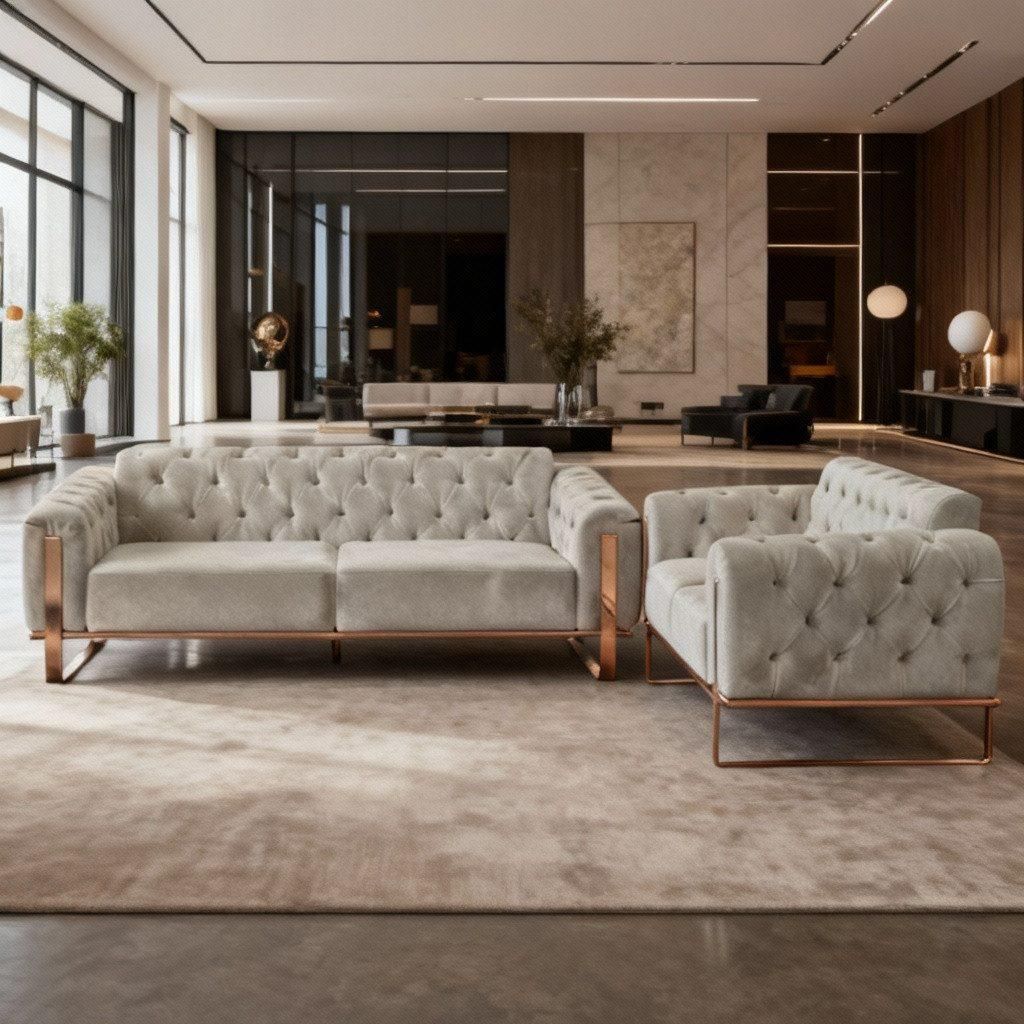 Sofa Liva in Knopfheftung Spar-Set, 3-Sitzer mit Schlaffunktion Farbe: bronzefarben | Hellgau Ausführung: 3-Sitzer + 3-Sitzer