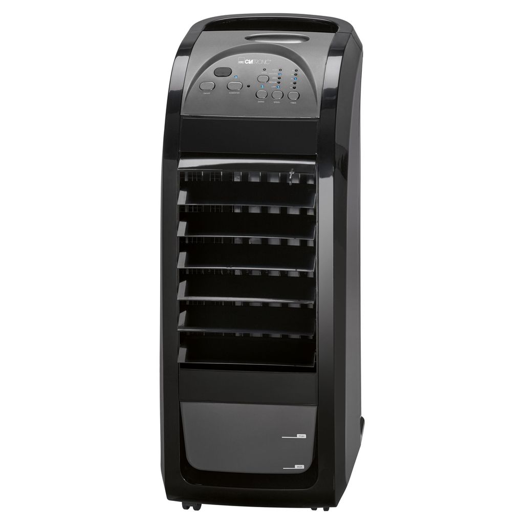 A black air cooler is shown against a white background.