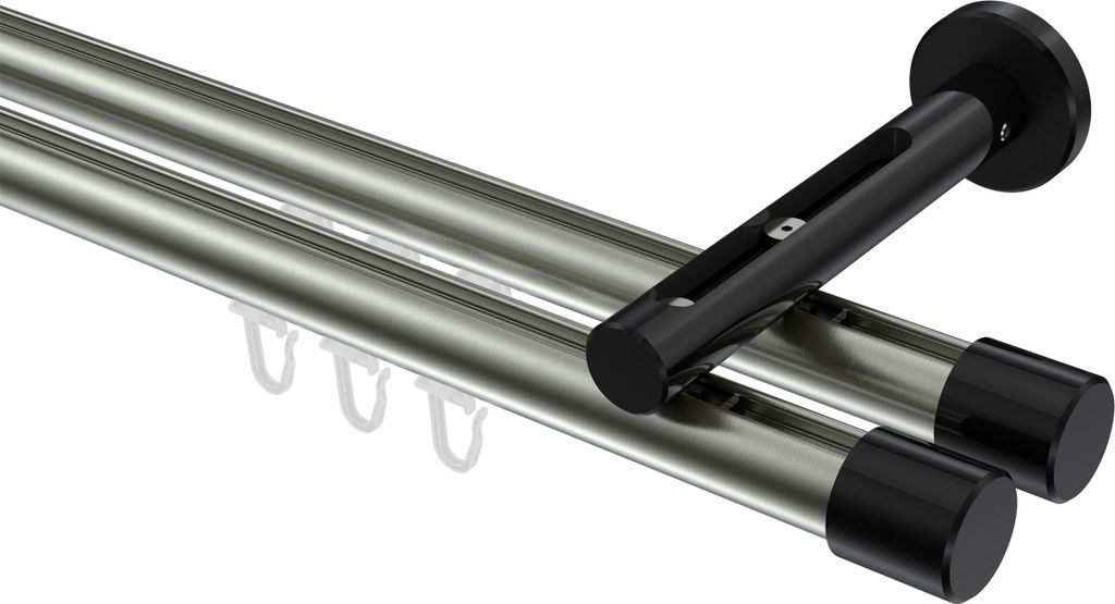 Interdeco Innenlaufstange / Gardinenstange mit Innenlauf Edelstahl-Optik / Schwarz, Typ Siteno Santo (Kappe), 20 mm Ø 2-läufig, 400 cm