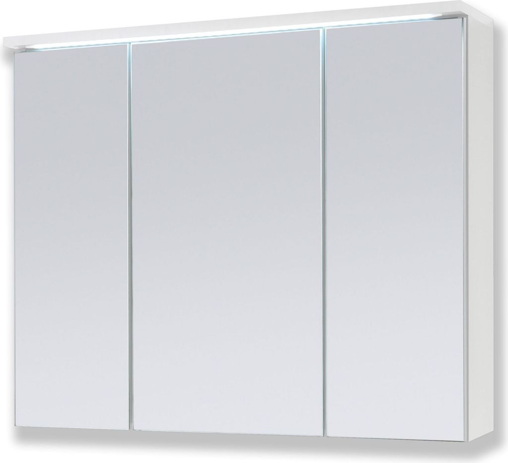 A white bathroom cabinet with three mirrored doors and integrated LED lighting.