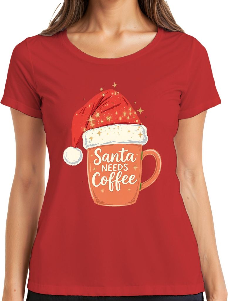 Santa Needs Coffee Weihnachtsmann Kaffee Weihnachten Geschenk Damen T-Shirt, Rot, S