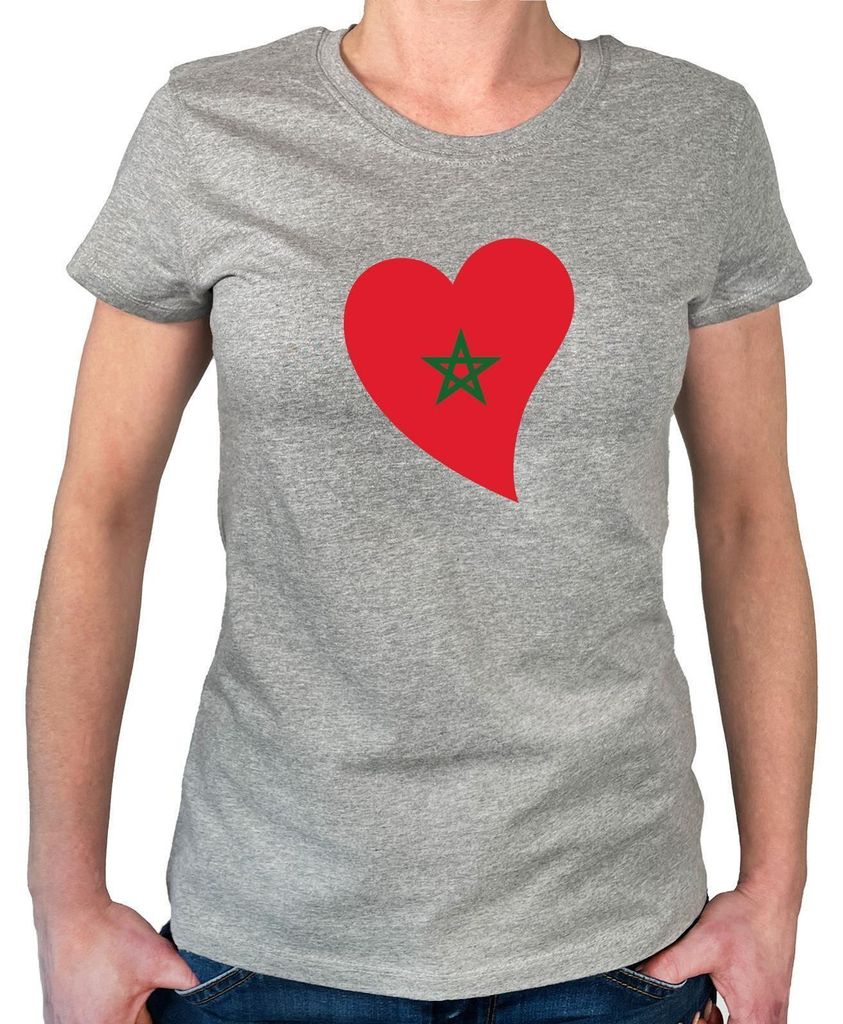Huuraa Damen T-Shirt Marokko Flagge Herz XL Sport Grey Bio Baumwolle Fairtrade Damenshirt Geschenkidee