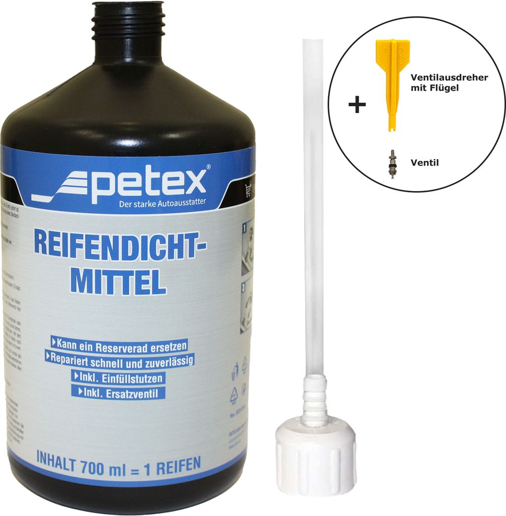 Reifendichtmittel 700ml & Einfülldeckel, Ventilausdreher, Ersatzventil von PETEX