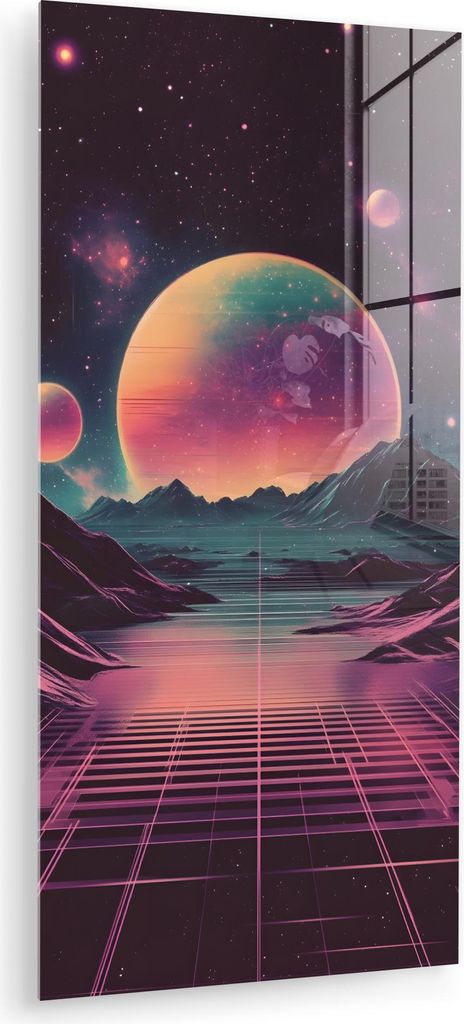 MuchoWow Glasbilder - Bilder auf Wandbild - Foto auf Glas Landschaft - Planeten - Horizont - Violett 40x80 cm Wanddekoration aus Glas - Acrylglasbi...