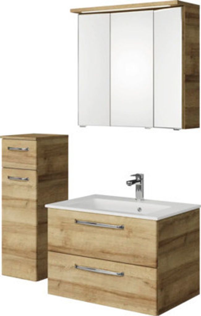 Badmöbel-Set Pelipal Kumba BxHxT 107 x 200 x 50 cm Frontfarbe eiche riviera 4-teilig mit Mineralguss-Waschtisch weiß und Unterschrank 99.770121471