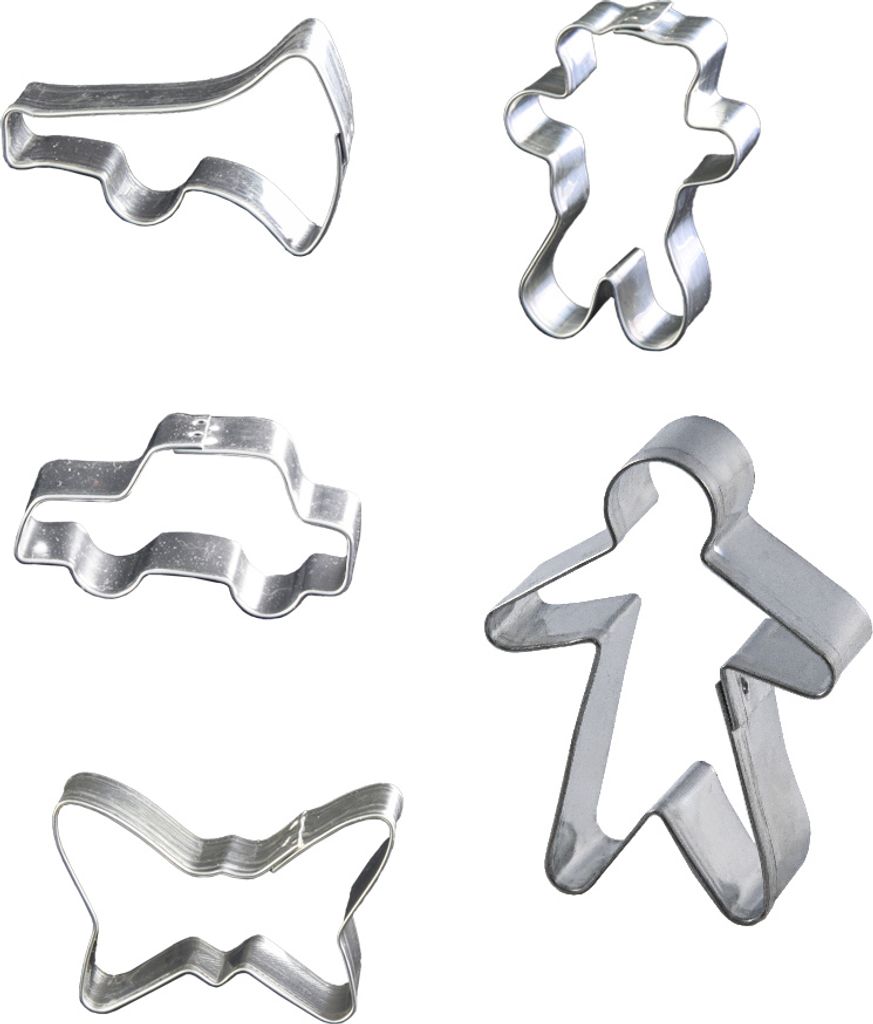 LARES Ausstecher 5er Set - Kinderformen - Kind, Trompete, Schmetterling, Auto und Bär - Ø 5-6x1,7 cm - Weißblech