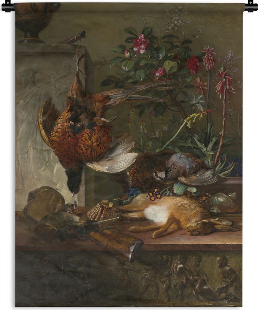 MuchoWow Wandteppich Wandbehang Stilleben mit Jagdgeschirr und griechischer Stele: Allegorie des Herbstes - Gemälde von G.J.J Van Os 60x80 cm Ta...