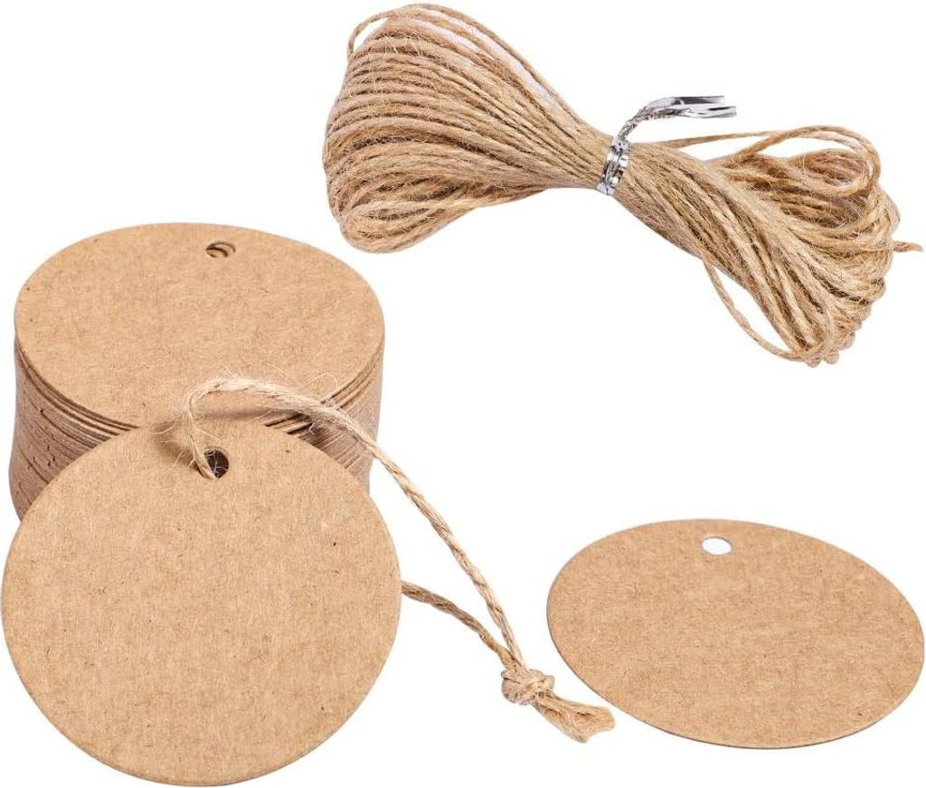 100 Stück Kraftpapier Etiketten, 5 cm Durchmesser Runde Kraftpapier Anhänger Etiketten Geschenkanhänger mit 20 m Juteschnur für Verpacken Gesch...