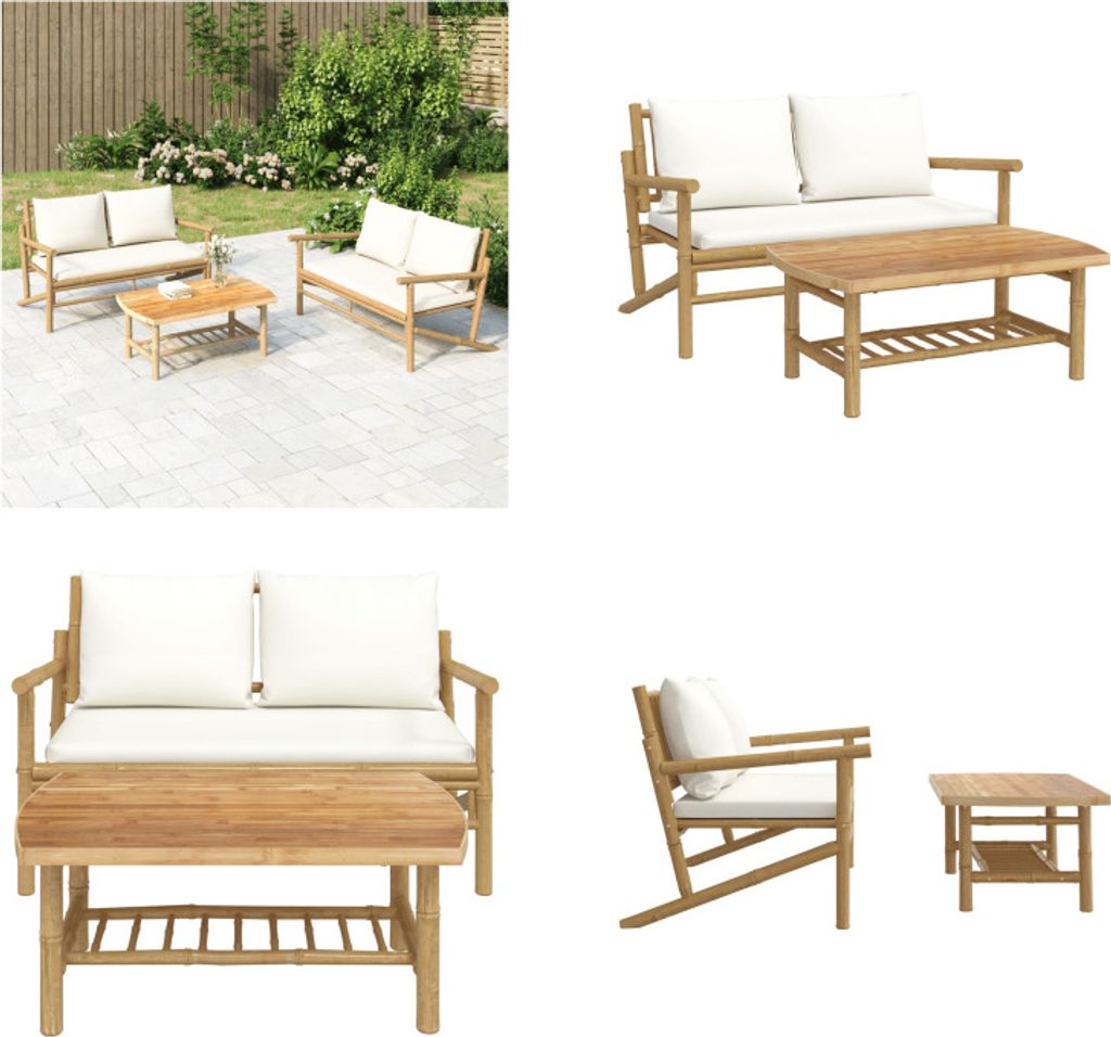 vidaXL 2 tlg. Garten Lounge Set mit Cremeweißen Kissen Bambus - Garten Lounge Set - Garten Lounge Sets - Lounge Set - Lounge Set Terrasse