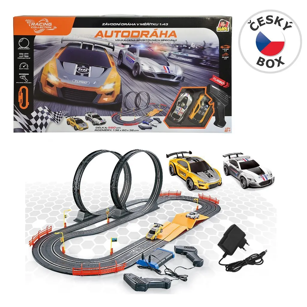 Circuit auto électrique 5,6m sans piles : adaptateur UE et 2 voitures
