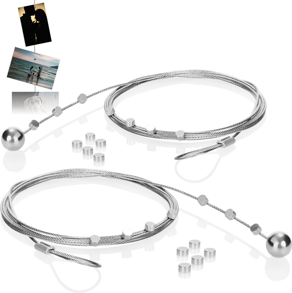 com-four 2er-Set Fotodrahtseil mit 24 Magneten, circa 200 cm x 1,5 mm, aus Metall - Fotodraht mit Magneten zum Aufhängen von Fotos
