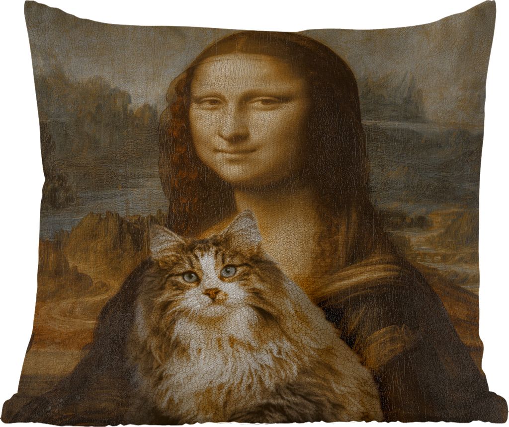 MuchoWow Outdoor Kissen - Mona Lisa - Katze - Leonardo da Vinci - Vintage - Kunstwerk - Alte Meister - Gemälde - 50x50 cm - Wetterfest - Lounge ...