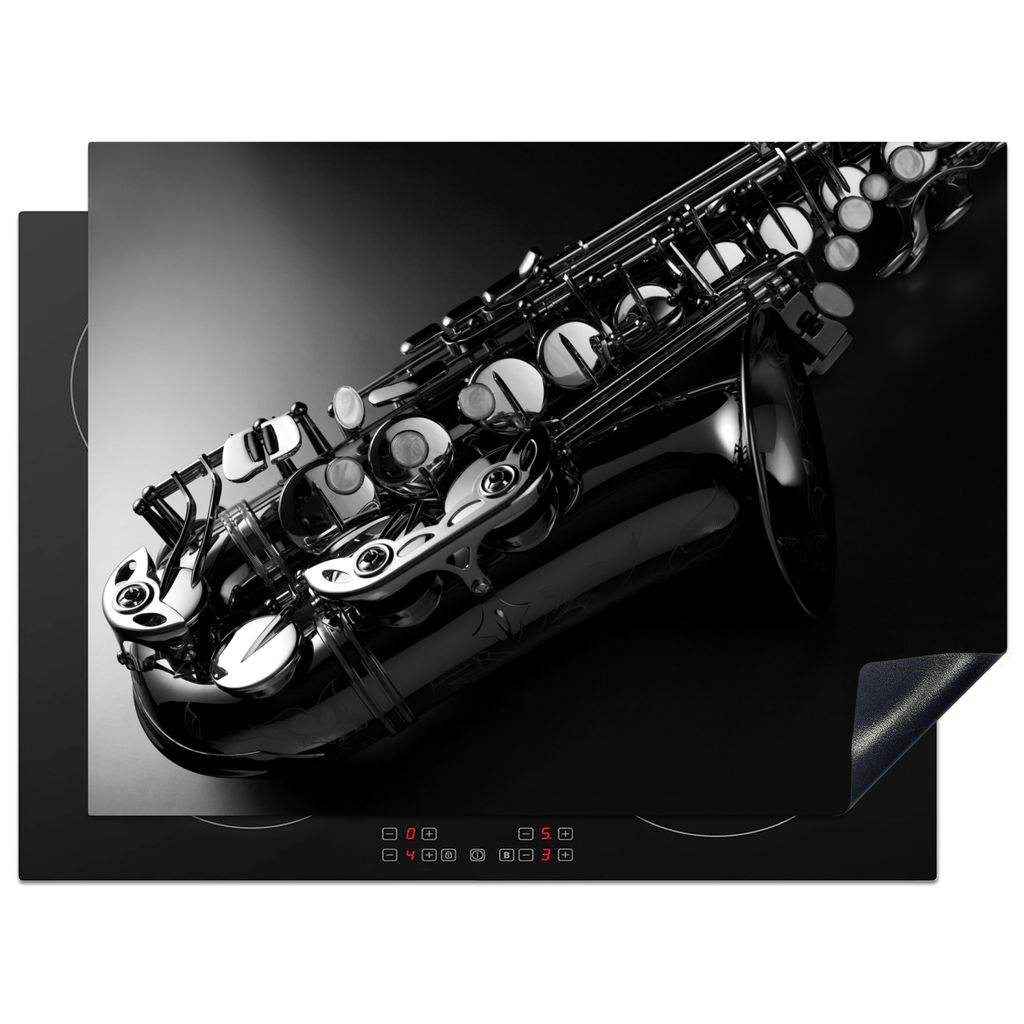 KitchenYeah Herdabdeckplatte Nahaufnahme eines Saxophons - schwarz und weiß , 70x52cm, Küche Deko, Glaskeramikkochfeld Herdabdeckung, Abdeckpla...