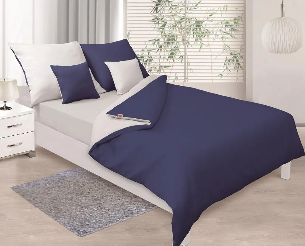 Linge de Lit Satin Bleu Marine et Blanc 160x200 Design Réversible Matex