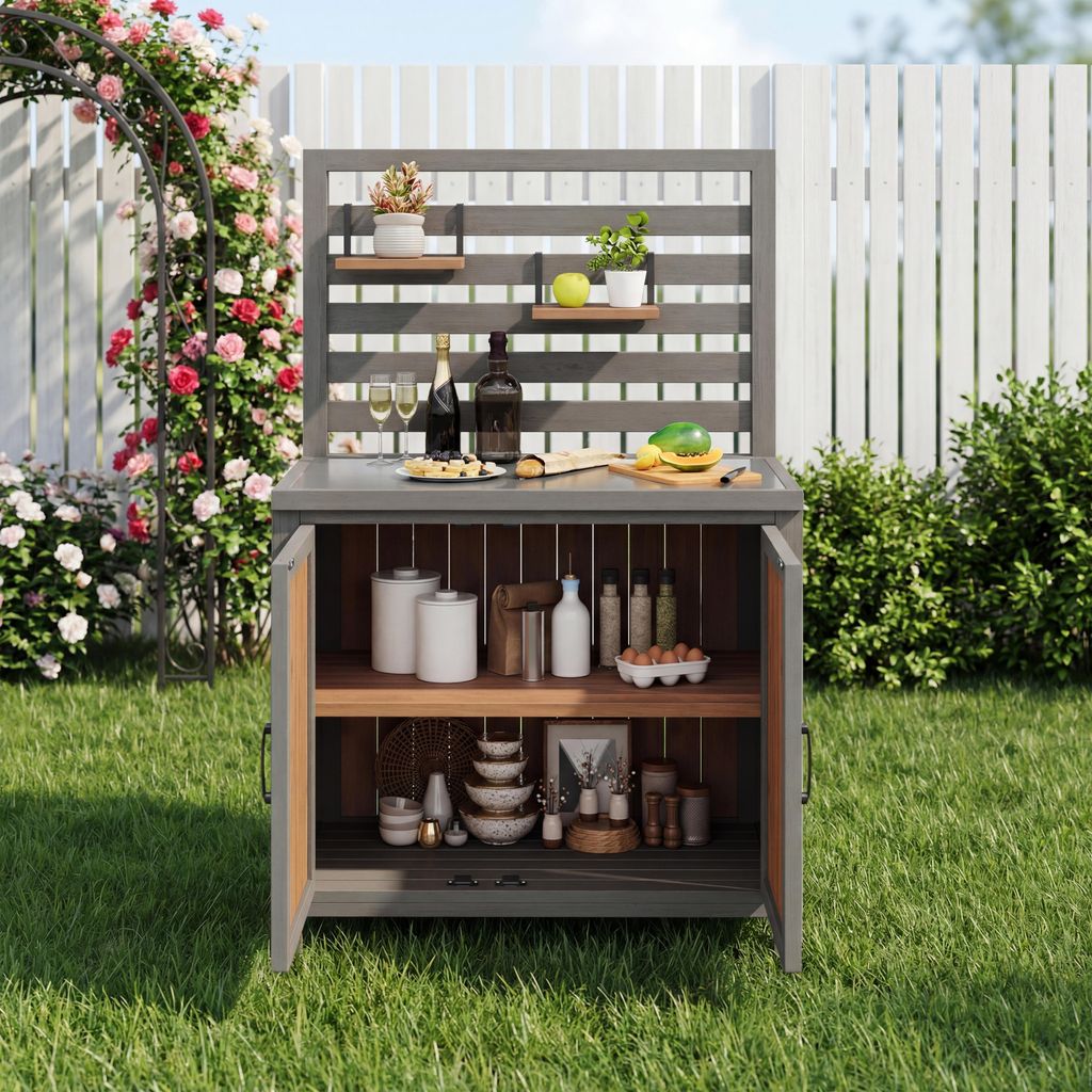 Merax Gartenschrank wetterfest mit Edelstahl-Arbeitsplatte, Holz Outdoor Grillstation mit Regalen und Stauraum, Küchenschrank für Garten & Terrasse