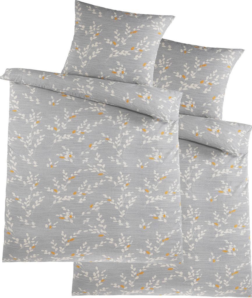 4-tlg. Soft Seersucker Bettwäsche 2x (135x200 +80x80cm), grau, Zweige, bügelfrei