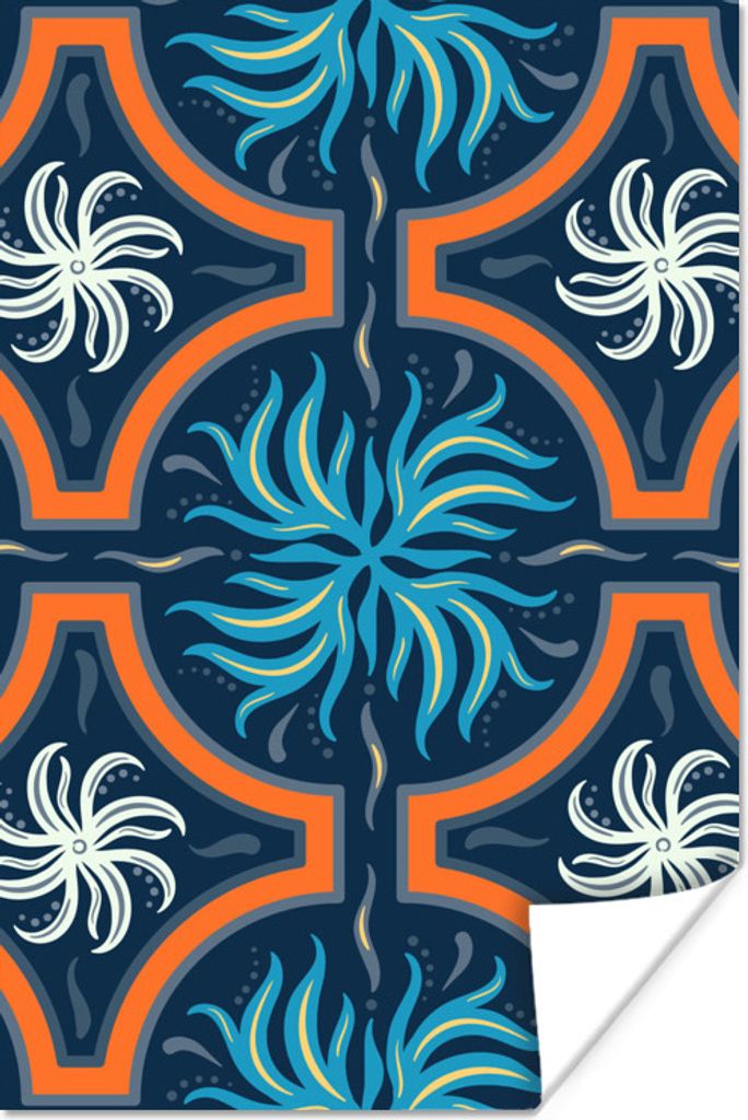 MuchoWow Poster Blumen - Blau - Weiß - Orange 120x180 cm - Kunstposter
