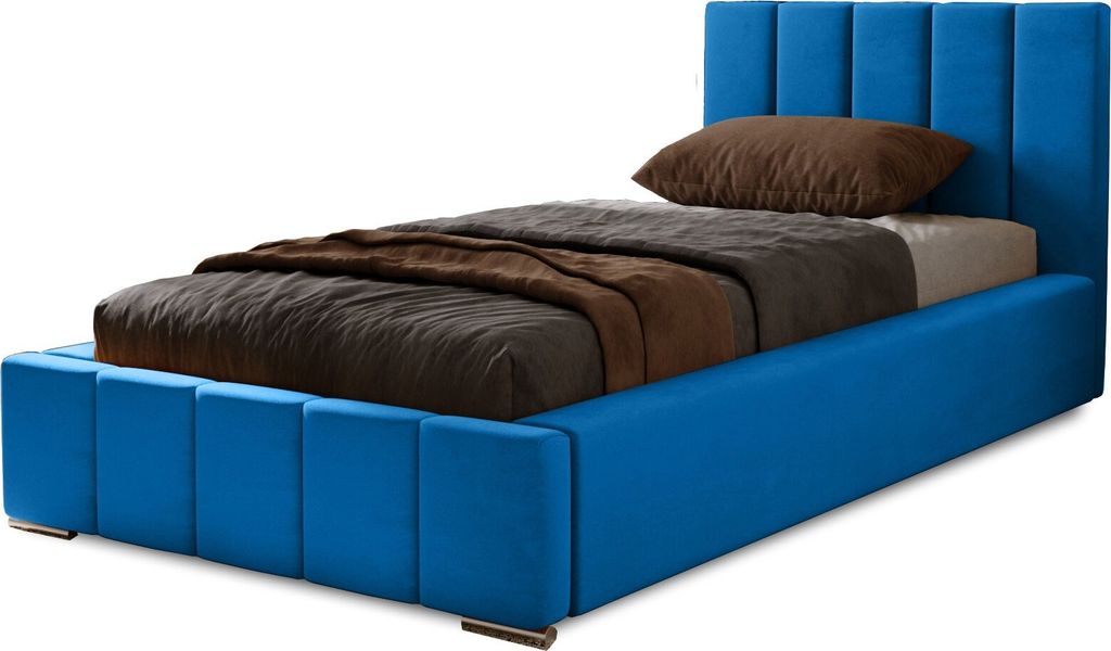 Polsterbett Nero 80x200 cm, Bett mit Kopfteil, Doppelbett mit Bettkasten , Lattenrost und Matratze aus Holz, Velourstoff: Blau