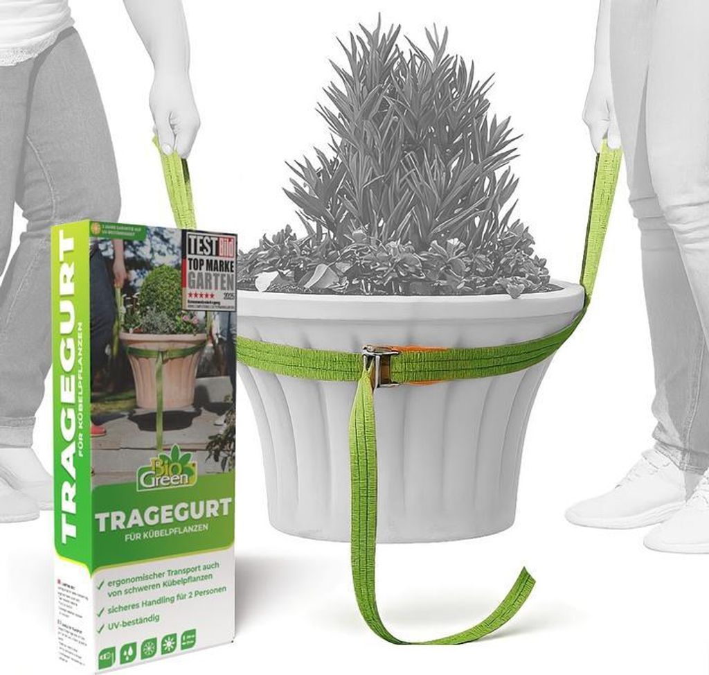 Two people are shown using a green strap to lift a large potted plant.