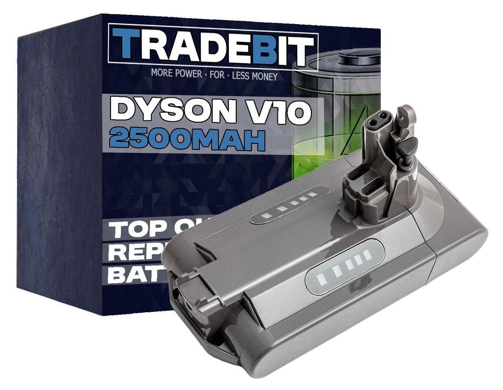 A Dyson V10 vacuum cleaner battery and its packaging.