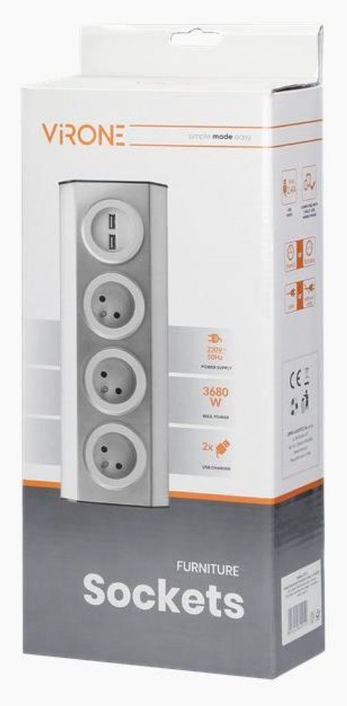 Povrchová rohová zásuvka ORNO VIRONE FS-3, 3x 230V, 2xUSB, Obrázek produktu 