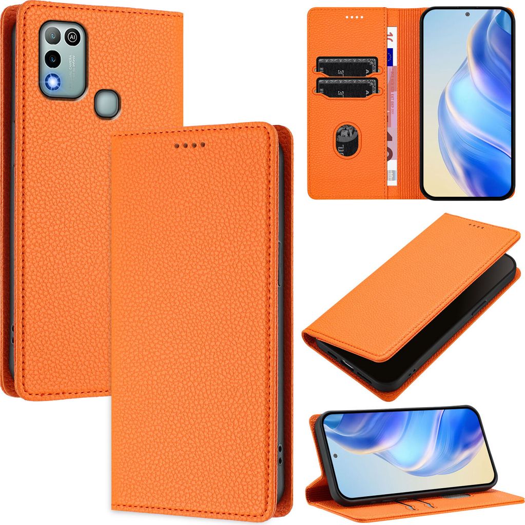 Litchi Leder Handyhülle für Infinix Hot 9 Play/Hot 10 Play/Hot 11 Play Wallet Kartenfächer Standfunktion Hülle Orange