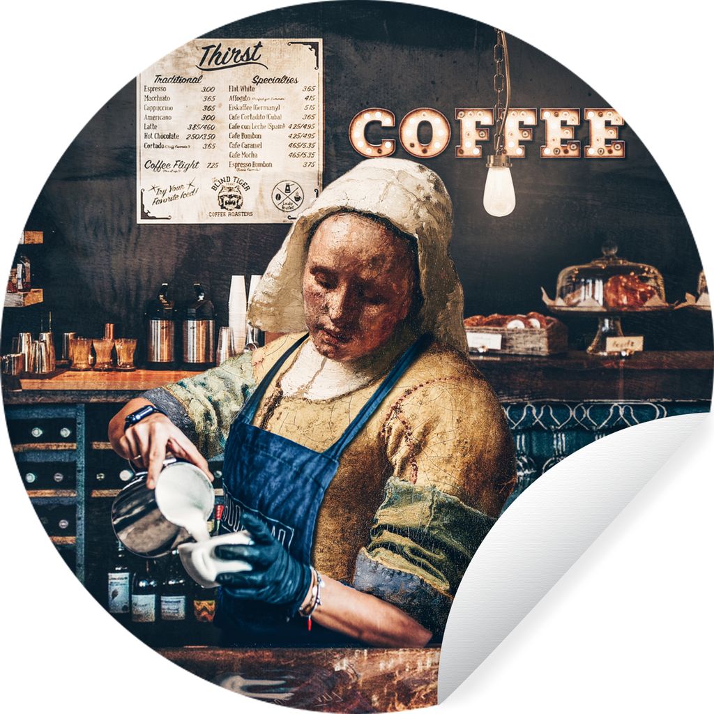 MuchoWow Runde Wandtattoo - Wandsticker Tapete Aufkleber Milchmädchen - Barista - Cappuccino - Vermeer - Kaffee - Kunst _ Malerei Ø 50 cm Selbs...