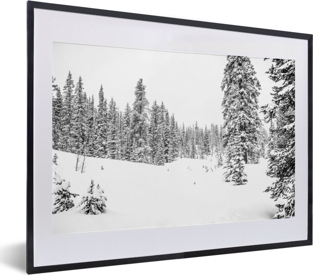 MuchoWow MuchoWow Gerahmtes Poster Bäume wachsen auf einem verschneiten Wald - schwarz und weiß 40x30 cm - Poster mit zchwarzem Bilderrahmen ...