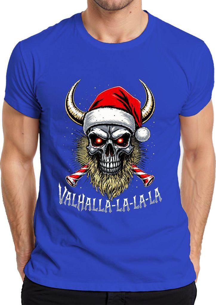 Valhalla La La La Wikinger Totenkopf Bart Santa Weihnachten Herren T-Shirt, Blau, XXL