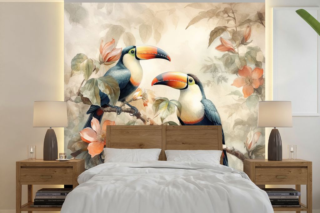 MuchoWow Fototapete für Wohnzimmer oder Schlafzimmer Wandtapete Vinyl Motivtapete Tukan - Vögel - Blumen - Zweig - 350x350 cm - Schlafzimmertapete