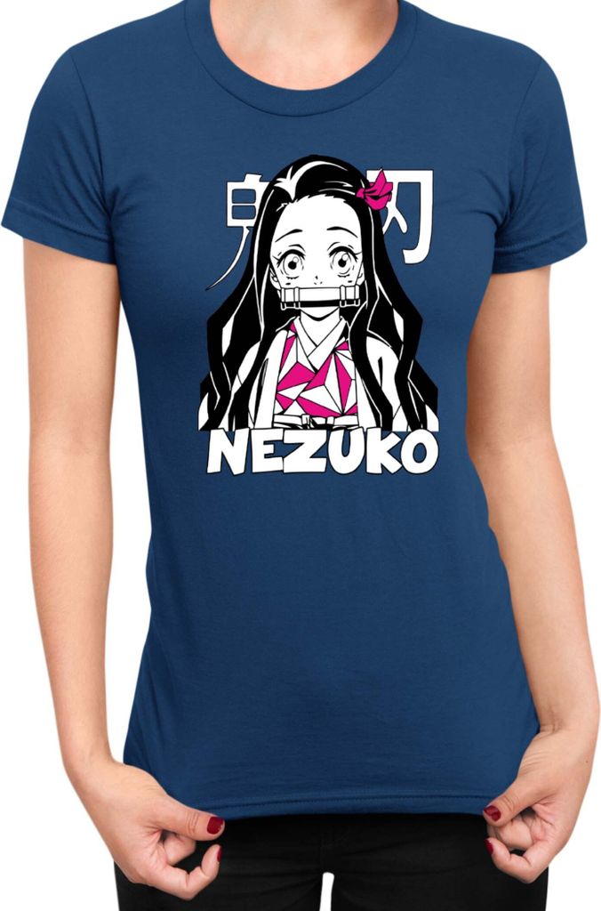 Damen T-Shirt Demon Anime Slayer Kimetsu No Yaiba Nezuko Kamado 008, Lady S / Dunkelblau