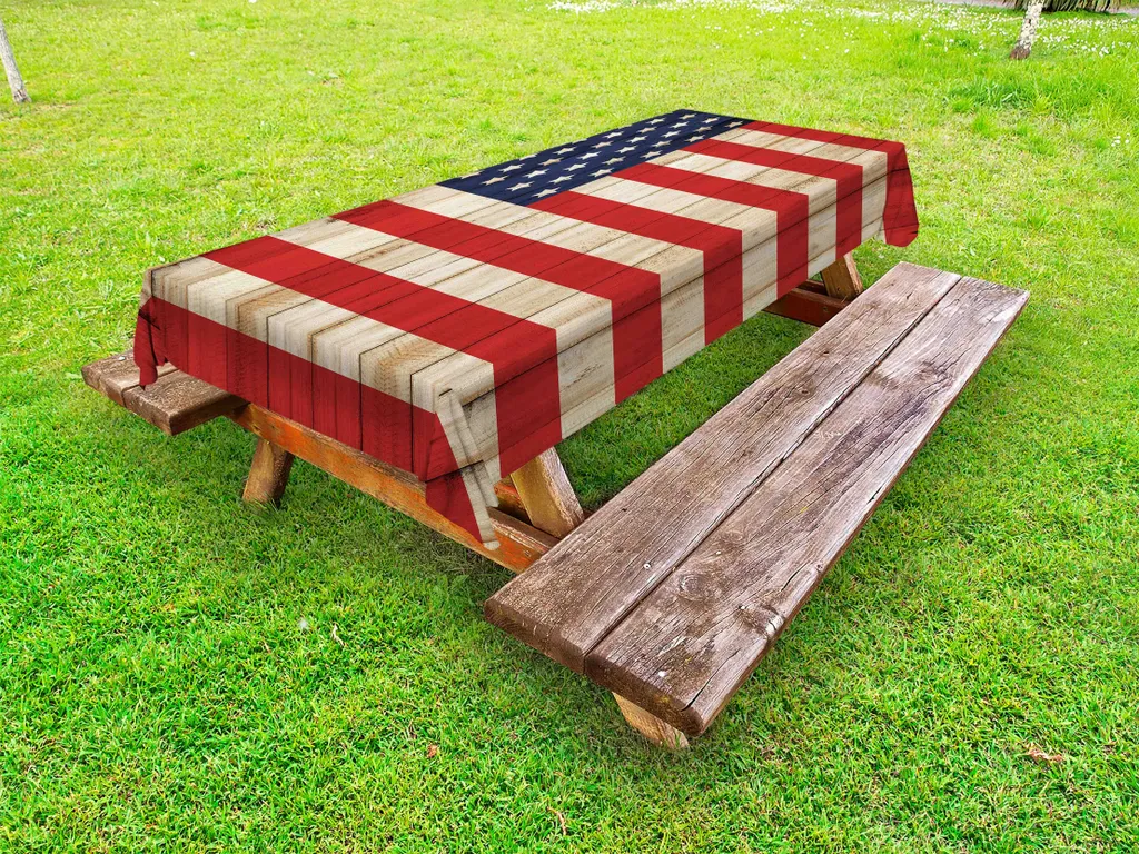 ABAKUHAUS USA Tovaglia da esterno, Quattro luglio Giorno dell'Indipendenza, staccionata danneggiata, simbolo della libertà, crema, rosso, blu navy, 145x210 cm