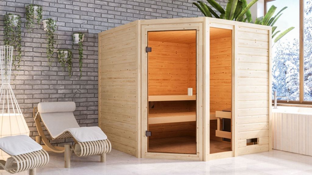 Karibu Sauna Innensauna Tabea Eckeinstieg Ofen 9 kW externe Strg easy 196x195x187 cm ohne Dachkranz