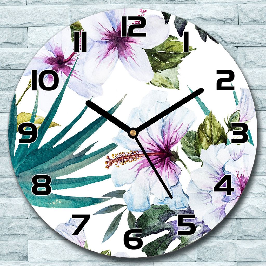 Wanduhr aus Glas Rund fi 30 Hawaii Blumen Quarz Deko Schlafzimmer Büro