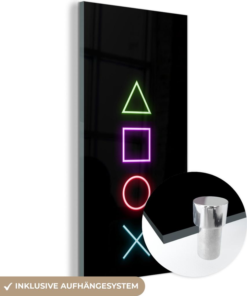 MuchoWow Glasbilder - Bilder auf Wandbild - Foto auf Glas Gaming - Neon - Konsole - Schwarz - Controller - Gaming 60x120 cm Wanddekoration aus Glas...