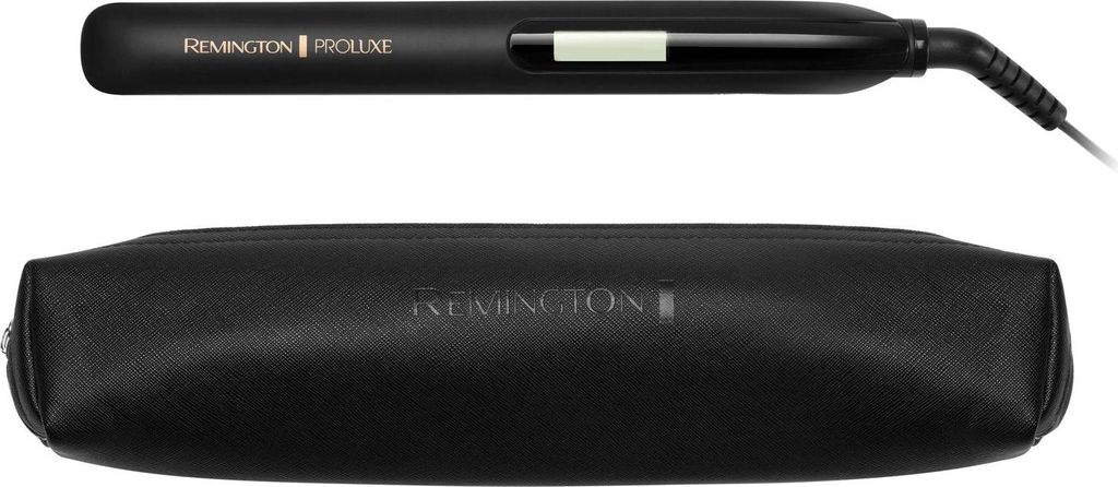 A black hair straightener and its black storage case are shown against a white background.