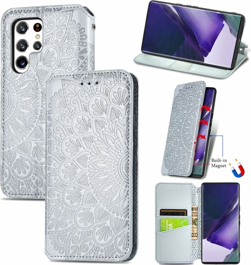König Design Hülle kompatibel mit Samsung Galaxy S22 Ultra 5G Kunstleder Handyhülle - Handy Case Silber