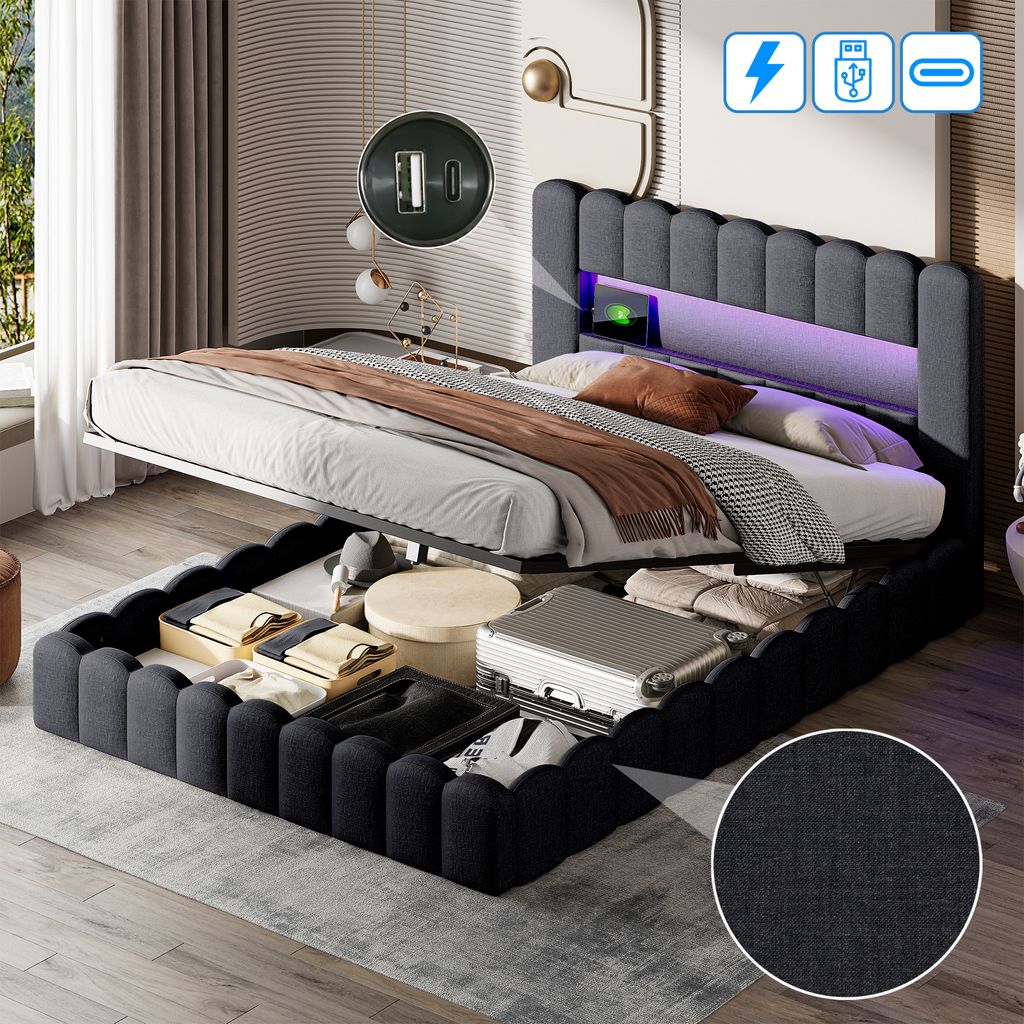 180 x 200 cm großes Bett mit LED-Kopfteil, gepolstertes Bett mit Stauraum, Bettwäsche, grau