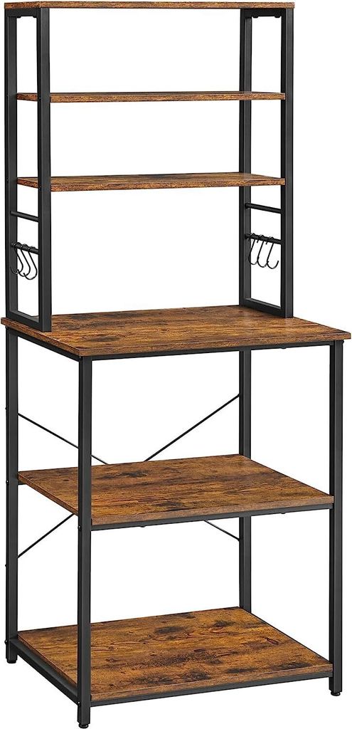 VASAGLE Küchenregal, Standregal mit Einlegeböden, mit 6 Haken und Metallrahmen, Ablage für Mikrowelle, Industriedesign, 40 x 60 x 167 cm