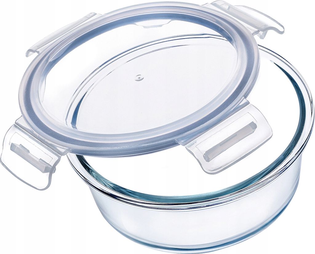 A clear glass food storage container with a transparent lid, shown from a diagonal angle.
