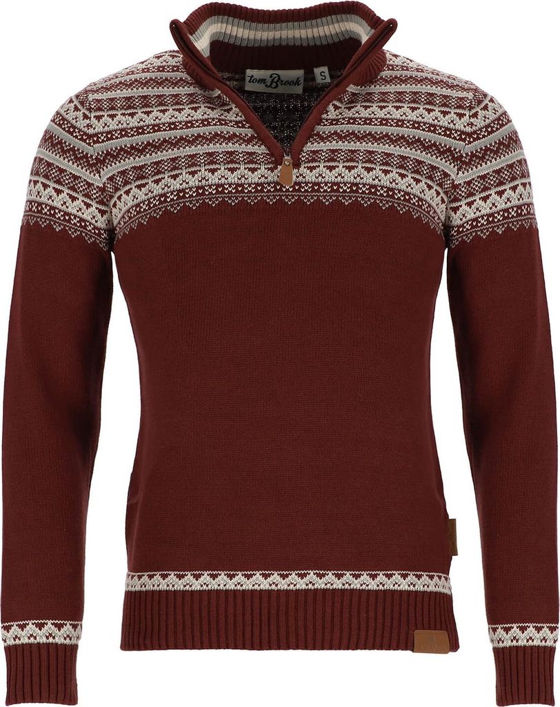 tomBrook Herren Troyer mit Norweger-Strick-Muster - Strickpullover mit Troyer-Kragen aus Baumwolle in Dark Red Größe 3XL