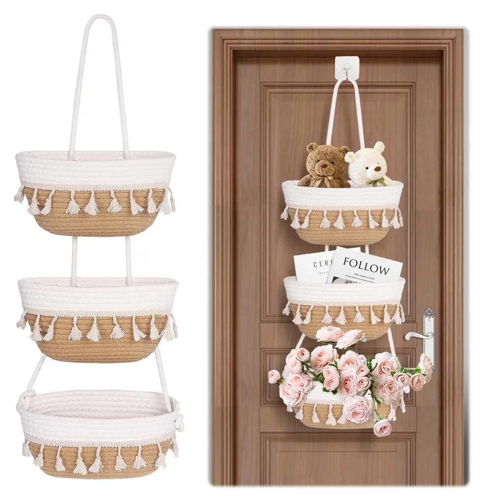 Panier mural à franges design bicolore 3 étages pour déco bohème chic
