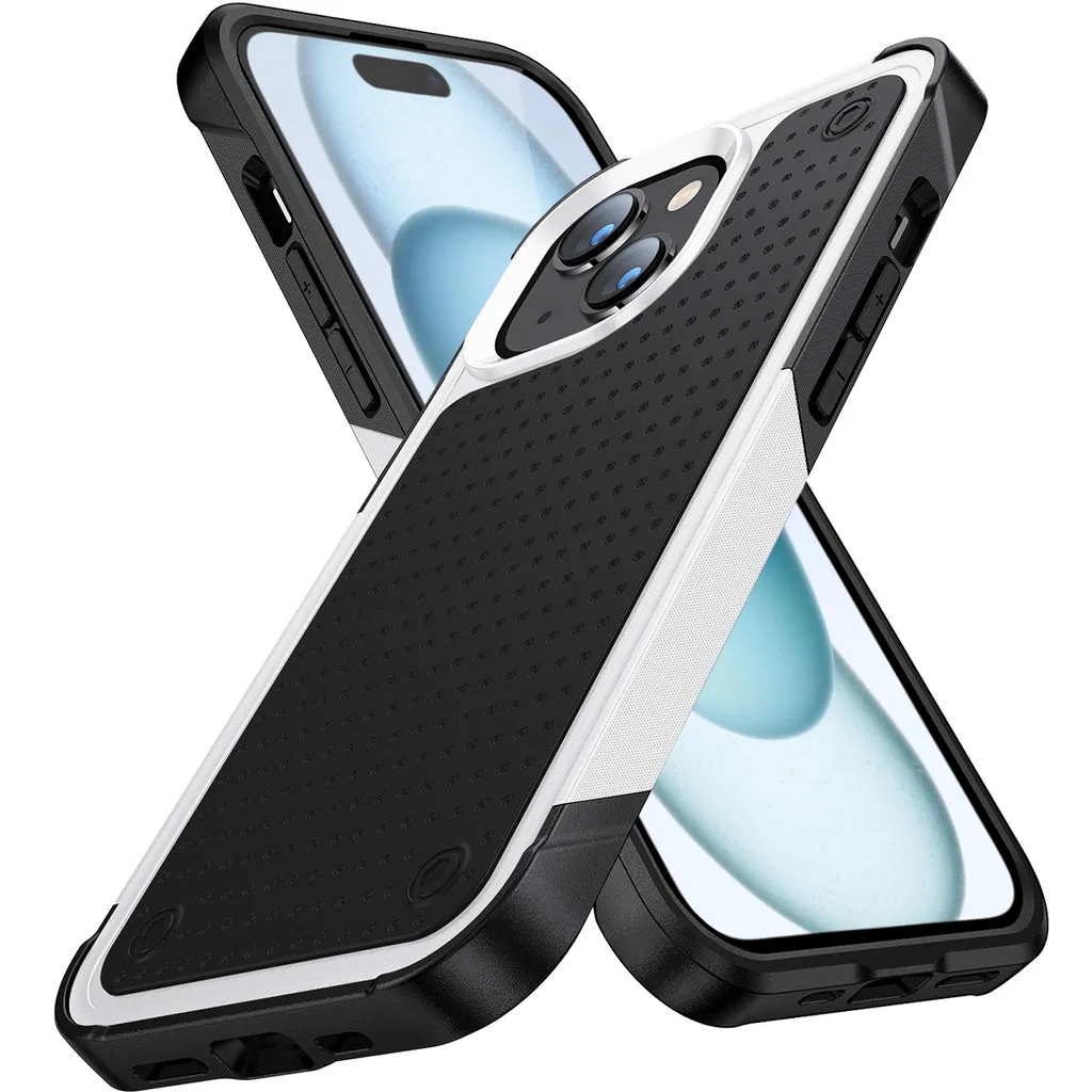 Custodia per iPhone 15 Plus, qualità militare, custodia ibrida antiurto 2in1 in PC rigido e TPU morbido bianco nero